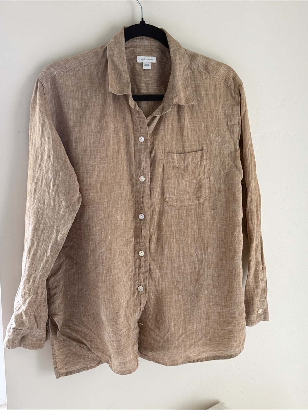 J. Jill Love Linen Casual Button-Down Shirt in Light Brown Tan S
